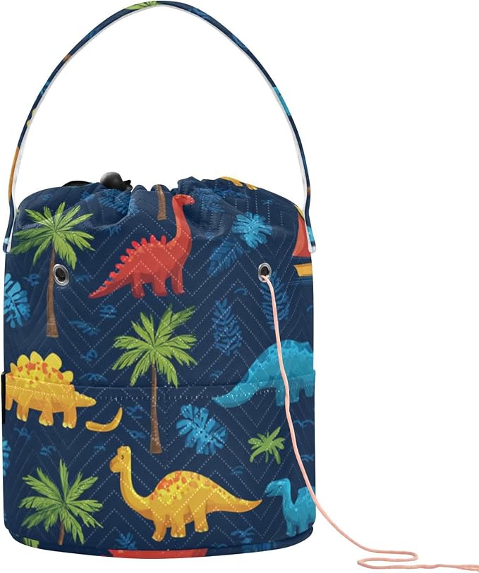 Tatenale Crochet Bag Yarn Bag Knitting Project Bag with Pockets and Handle Portable Yarn Storage Organizer Tangle Free 8.3x11 InchTropical Leaves and Multicolored Dinosaurs34
