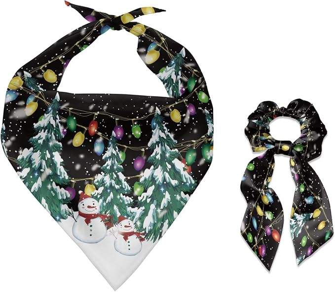 COEQINE Christmas Dog Bandanas Over Collar Valentines Dog Bandanas with Hair Tie Bracelet Set 2 Pcs Adult Costume and Dogs Clothing for Holiday Party Cosplay,Xmas Tree Black Snowman Lights