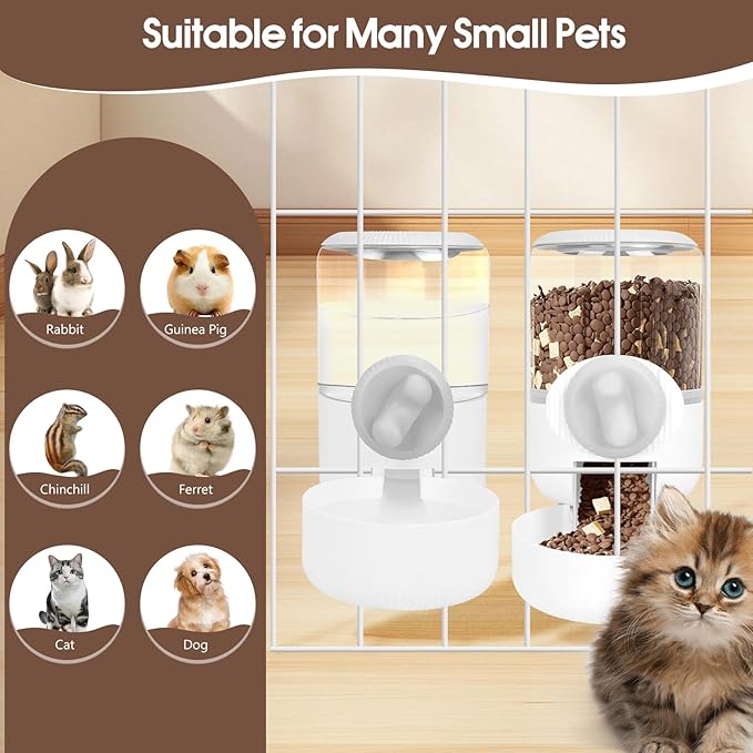 Rabbit Water Dispenser 35oz, Hanging Automatic Pet Feeder for Cage, Auto Gravity Cat Food Bowl Water Bottle Small Animal Feeding Accessories for Puppy Kitten Bunny Hedgehog Ferret Guinea Pig (Gray)