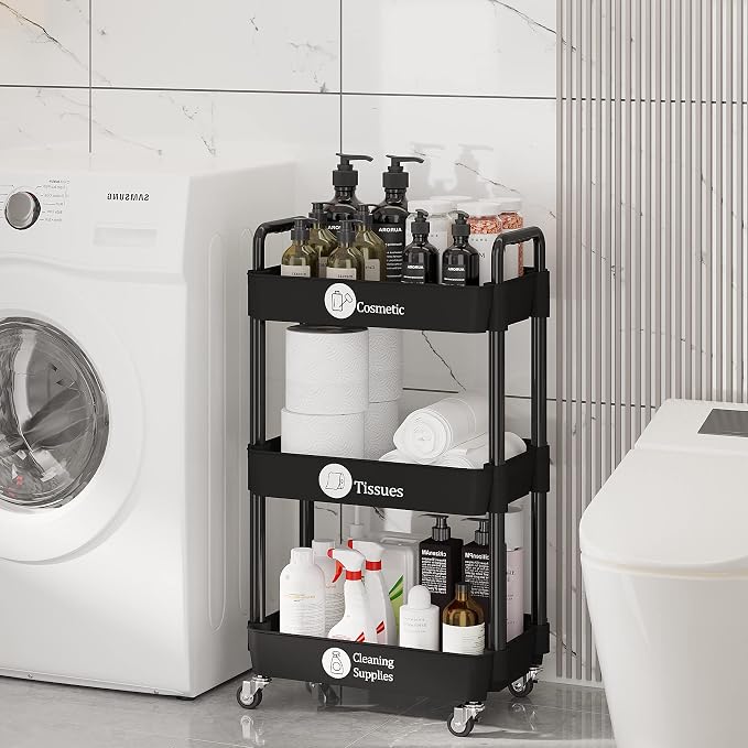 Laiensia 3-Tier Storage Carts,Multifunction Utility Rolling Cart Kitchen Storage Organizer,Mobile Shelving Unit Cart with Lockable Wheels for Bathroom,Laundry,Living Room,With Classified Sticker,Black