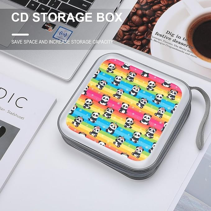CD Cases 40 Capacity Rainbow Panda Hard Shell Case DVD Holder Wallet | Disc Organizer Storage Binder, Rainbow Cute Unicorns Panda Portable Zipper and Strap, for Home Car Travel