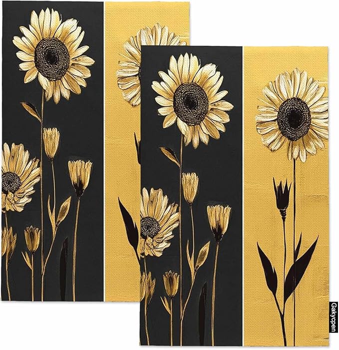 Flower Kitchen Towels Set of 2 Modern Abstract Gray Gold Sunflower Dish Towels Absorbent Soft Hand Tea Bar Towels for Farmhouse Home Decor 16"X24"