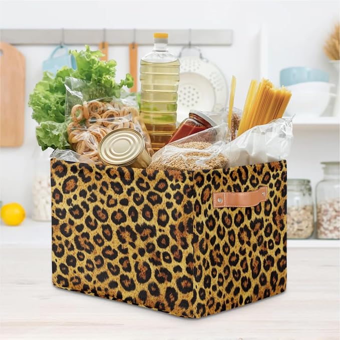 Leopard Print Storage Boxes Theme Storage Nursery Baskets with Handle Closet Collapsible Organizer Shelf Bins for Book Cloth 15 X 11 X 9.5 IN