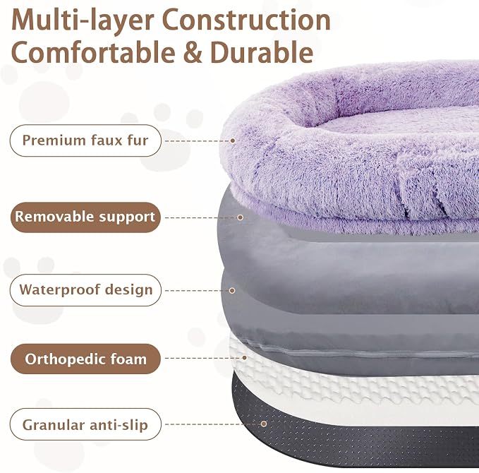 ROOMTEC Human Dog Bed, 78''x51''x12'' Size Fits Adult and Pet Washable Giant People Bed 10 CM Thick Memory Foam Large Oversize Pet Bed with Plump Pillow, Blanket, Strap - Purple