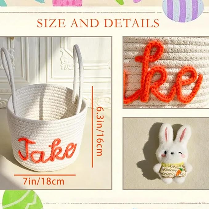 Personalized Woven Rope Bunny Basket Custom Easter Baskets for Kids Easter Egg Hunt Basket Name Tag with Handle Cotton Rope Basket (Style H)