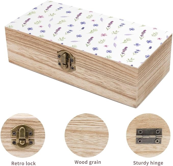 Wooden Keepsake Box with Lid Memory Storage Case, Purple Lavender Floral | Flower Botanical Jewelry Organizer Boxes, Gift Storage Case for Photo Letters Party Favor Supplies