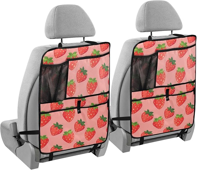 JIPONI Car Backseat Organizer, Strawberrys Pink Automotive Back Seat Protector, Kick Mats with Storage Pockets for Kids Pets, Road Trip Accessories