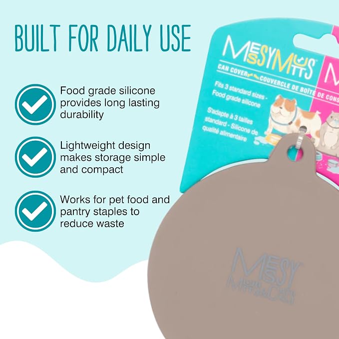 Messy Mutts Silicone Universal Can Cover, Fits 3 Can Sizes, Grey | Reusable Silicone Pet Food Can Cover, Fits Small, Medium, And Large Cans, Airtight And Dishwasher Safe