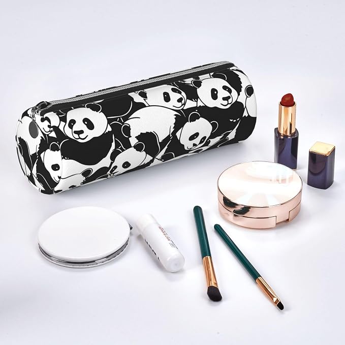 OSAM SPACE Leather Pencil Case Round Pencil Bag Cute Panda Pen Organizer Holder Portable Zipper Pouch Cute School Supplies for Girls Boys Study Office