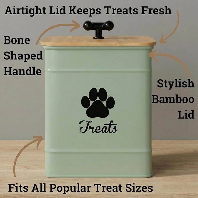 Dog Treat Container Airtight, 6"W x 8"H, Powder Coated, 12 Cup Capacity | Fits All Popular Treats, 12 Cup Capacity, Airtight Bamboo Lid, Easy Open Lid, Dent-Resistant Durable Metal Bone-Shaped Handle