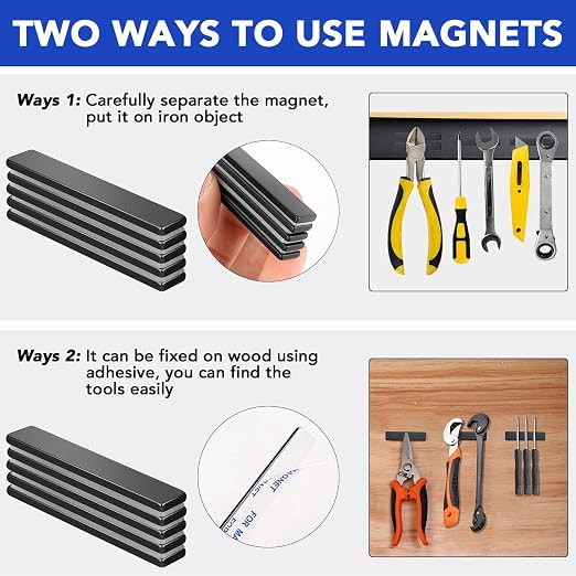 10 Pack Neodymium Bar Magnets with Adhesive Backing 60x10x3mm Black | Fridge Magnetic Strips Refrigerator Blocks Crafts Extra Super Sticky Bar for Science Experiments Classroom Craft Office
