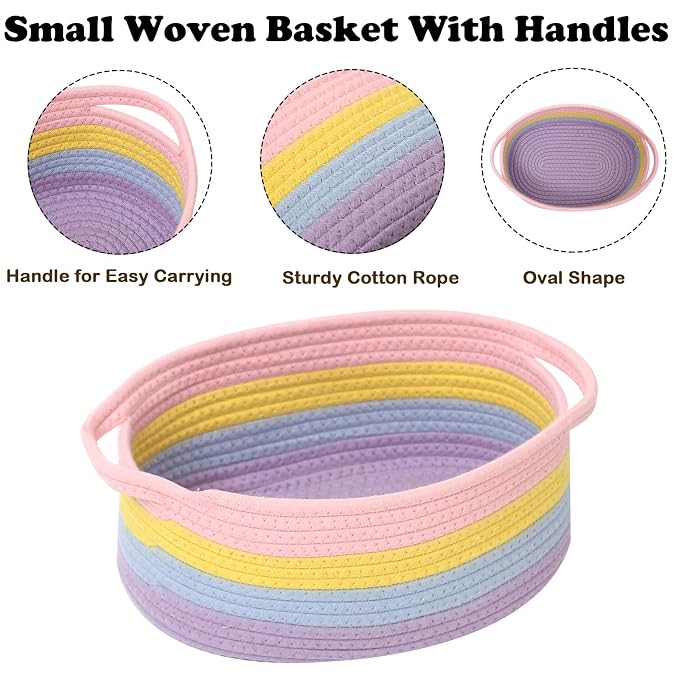 Woven Rope Basket,Baby Gift Basket with Bag & Ribbon, Rainbow | Cotton rope with handle, 12x8x5 in, gift bag and ribbon, for baby shower, birthday, toy storage, nursery, shelf decor