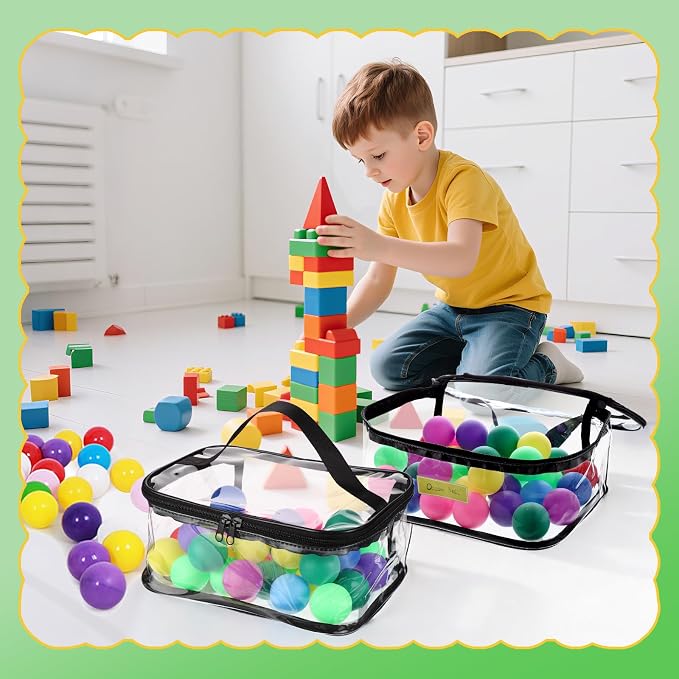 4 Pack Clear Toy Storage Bags, PVC Waterproof Toy Organizer, Black | Waterproof PVC, Transparent View, Reusable Zip Bags, Label Tags, for Blocks, Puzzles, Board Games, Travel and Home Storage