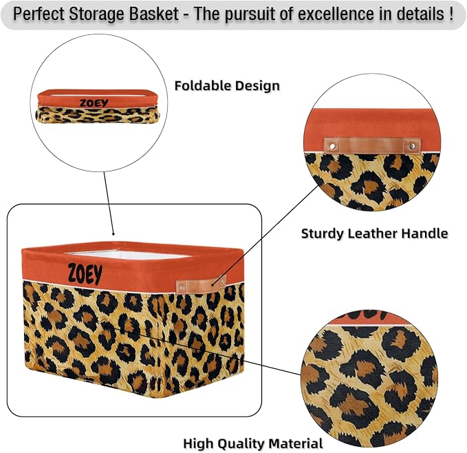 Personalized Storage Bins for Boys, Customized Name Leopard Print Storage Basket Rectangle Clothes Organizer for Organizing Kids and Pets Toys Shelf Closet