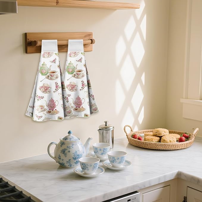 CUTHOLLOW Retro Teacup Hanging Kitchen Towels with Loop, Set of 2 - Soft & Super Absorbent Microfiber Decorative Hanging Dish & Hand Towel, Tea, Coffee Towel for Kitchen Bathroom Oven Handle