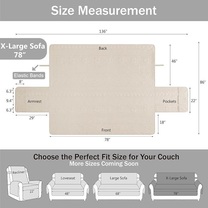 Soft Boho Quilted Couch Cover with Pockets for Extra-Large Sofa, Anti-Slip Boho Sofa Covers Washable for 3 Cushion Pet Friendly, Oversized Sofa Cover Water-Repellent (X-Large Sofa 78", Beige)