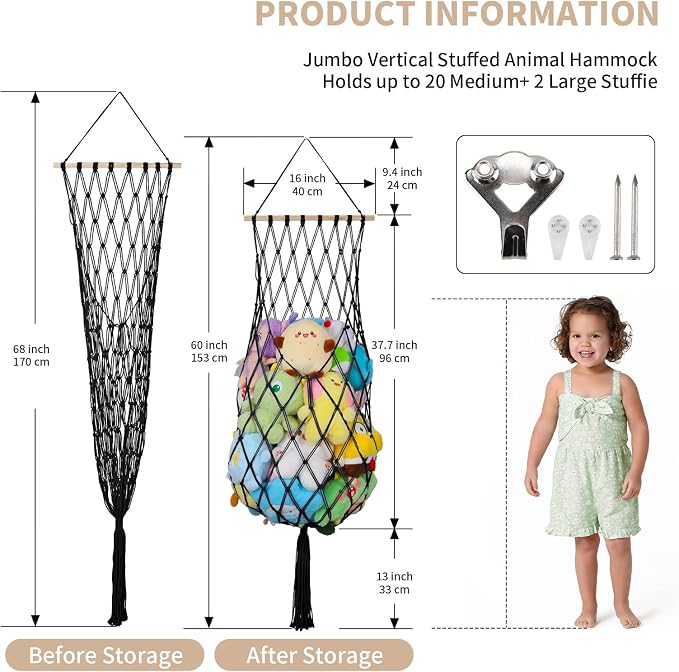 68 Inch Stuffed Animal Storage Net Corner Stuffy Hammock,Black | Boho Macrame Large Toy Hammock for Stuffed Animals Organizer,Wall Ceiling Over Door Stuffy Storage Holder,Nursery Room Decor