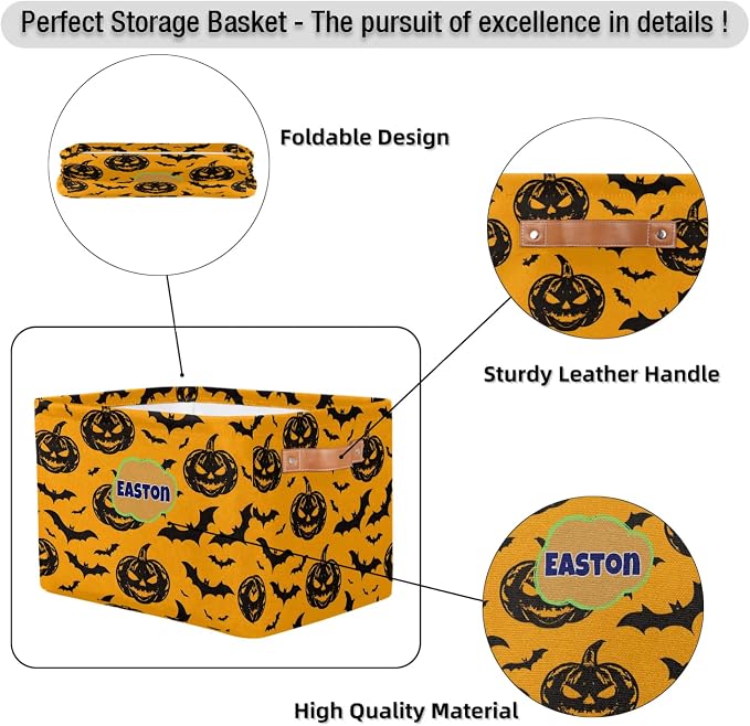 Custom Storage Baskets Name, Personalized Storage Bins Basket Boxes PU Leather Handles for Clothes Bedroom Closet Organizing Toys Books Shelves, Black Halloween Pumpkin Bats Pattern Yellow