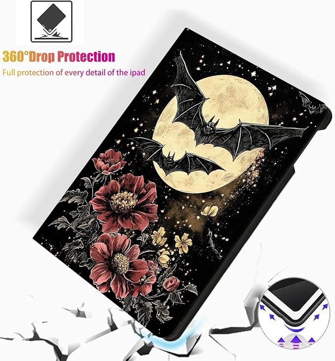 for Microsoft Surface Pro 7 Plus,Surface Pro 7/6/5/4 12.3" Tablet Case,Auto Wake/Sleep,Adjustable Stand Protective Cover - Bat Moon