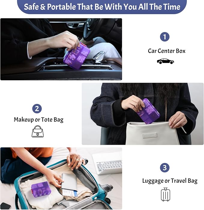 NEW Foldable & Double Protection Portable Weekly Pill Organizer 2 Times A Day with Etched Labels, AM PM 7 Day Week Medicine Box, Daily Travel Pill Case Dispenser for Vitamin, Supplement - Clear Purple