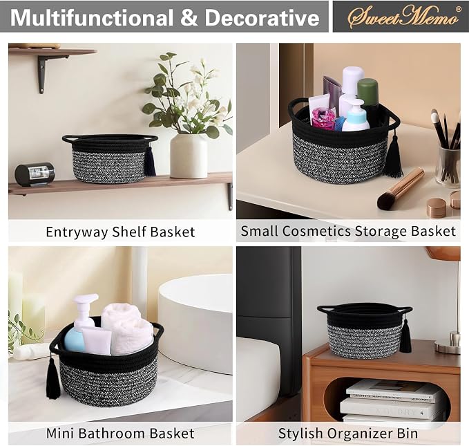 Small Gift Basket Empty to Fill, 2 Pack, Mini Woven Basket, Black Gray | Cute Decorative Mini Rope Storage Baskets with Cellophane Bags & Ribbons; Two Sizes for Gifting, Bathroom Counter or Desk