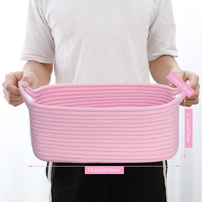 ABenkle Small Storage Basket with Handles, Cotton Rope Woven Dog Cat Toy Bin, Decorative Shelves Closet Organizing for Nursery Laundry Bedroom Bathroom, 14.2''x 11''x 5.1''