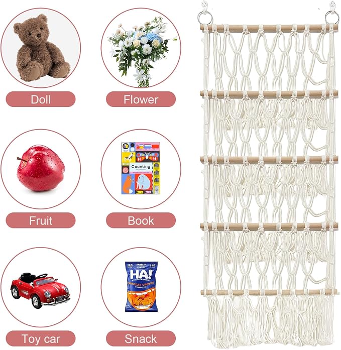 Stuffed Animal Net or Hammock Corner Plush Toy Storage Organizer 4 Layer | Stuffed Animal Hammock Net with Boho Macrame Wall Hanging for Storage Saves Space Keeps Small Stuffed Animal Organized