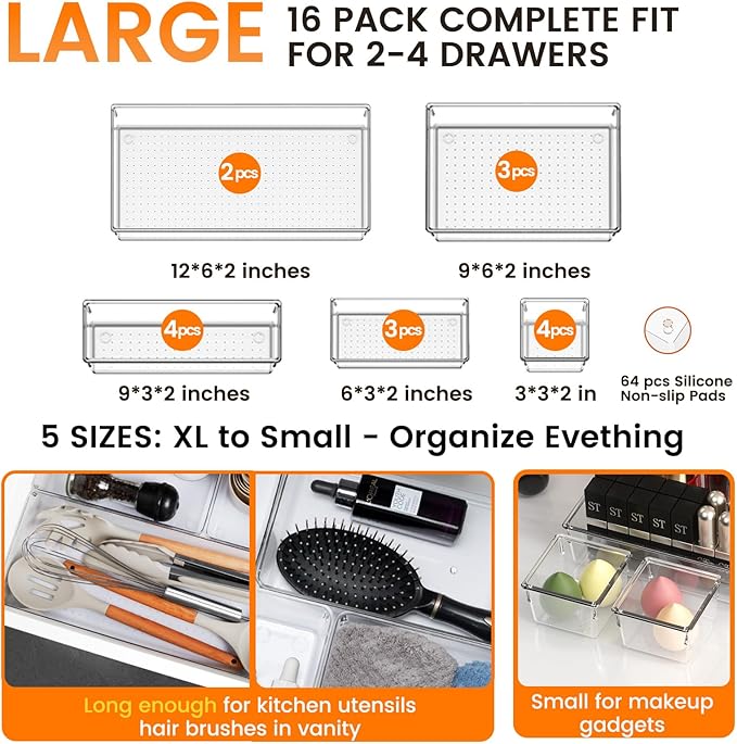 16 Pack Large Clear Plastic Drawer Organizer Bins - 5 Size Acrylic Bathroom and Vanity Organizers and Storage Trays for Makeup Office Home, Kitchen Drawer Organizer for Utensils, Gadgets
