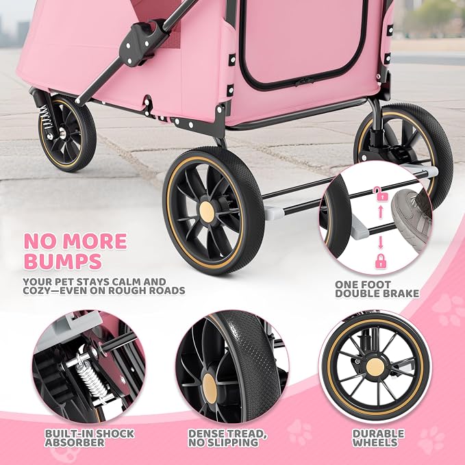 Magshion 3-Wheel Foldable Dog Jogger with Adjustable Handle, Pink | Pet Stroller for Medium Larges, All-Terrain Wheels, Dual Entry, Rear Storage, Breathable Mesh, Up to 55 lbs