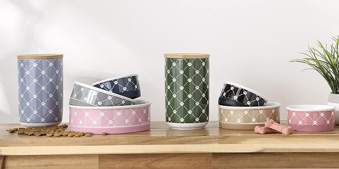 Bone Dry Trellis Paw Print Pet Treat Canister with Bamboo Lid Dog & Cat Treat Jar for Countertop Storage, Keep Training Bones & Biscuits Handy, 4x6.5 inches, Taupe