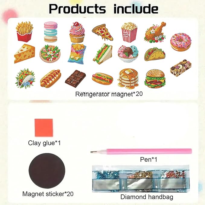 20pcs Gourmet Food 2D/Flat Acrylic DIY Diamond Painting Magnets | Fridge Magnets 20 Pieces Kit with Patterned Acrylic DIY Diamond Painting Magnets for Adults Beginners Home Decor