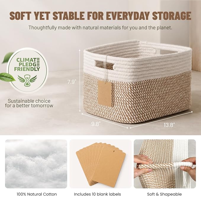 5 Pack Woven Storage Baskets, Decorative Storage Bins for Organizing | 13.8'' × 9.8'' × 7.9'', Cotton Rope Basket Organizer for Closet, Shelves, bathroom, Nursery, Toys, Books, Pantry, Khaki/White