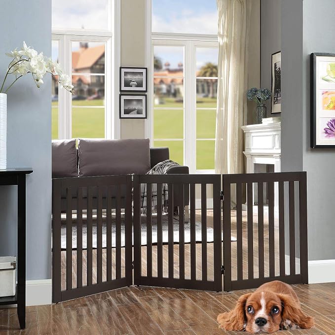 unipaws 24”H Free Standing Pet Gate for Dog Cat, 60”Wide Wooden Dog Gates | Foldable Pet Fence for Doorway, Stairs, Step, Expandable Doggy Barrier, Indoor Use