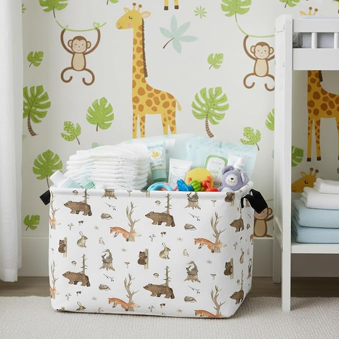 Kid Storage Basket Bear Deer Jungle Decor | Cute Nursery, Baby Toy Clothes Storage Bin, Playroom Bedroom Decor