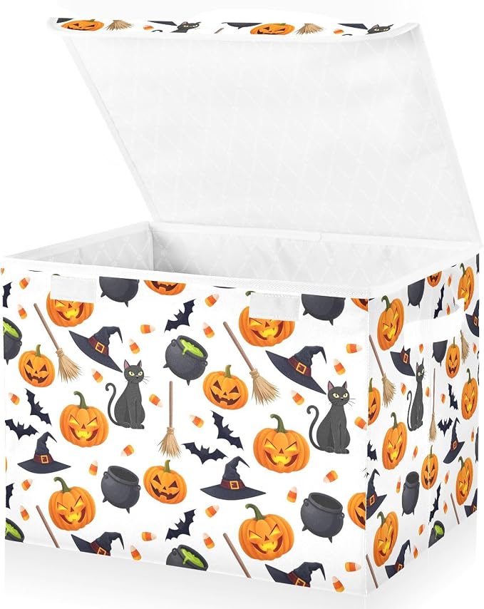 senya Halloween Storage Baskets Collapsible Storage Bins with Lids, Halloween Pumpkin Black Cat Ghost Bat Pattern Storage Boxes Clothes Baskets for Organizing