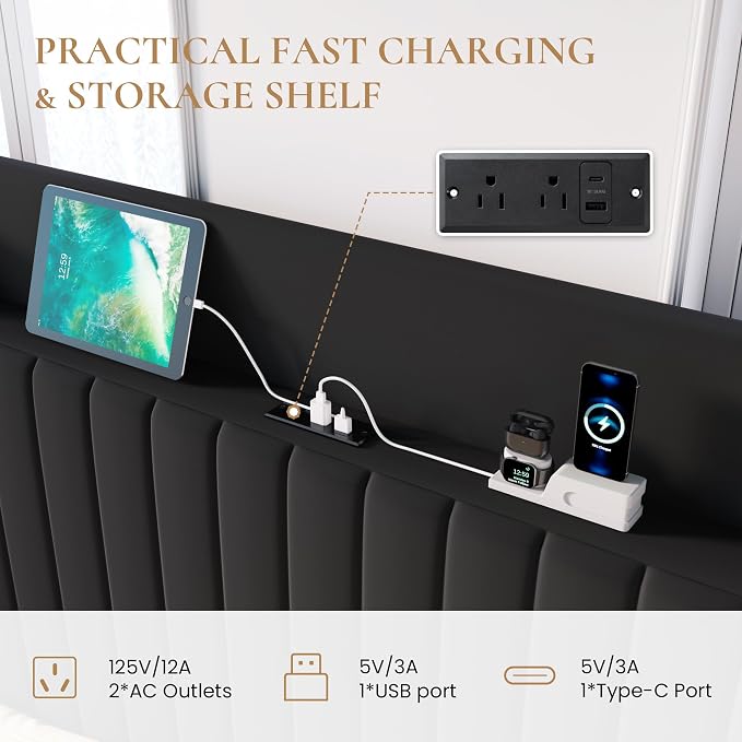 SHA CERLIN King Size Lift Up Storage Bed Frame, Charging Station, Black | Storage Headboard with Charging Station, USB, Type-C Port Velvet Hydraulic Storage Bed No Box Spring Needed Noise Free