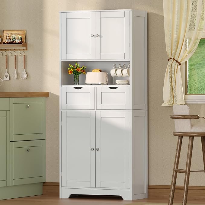 TEENFON 57.8" H Tall Bathroom Storage Cabinet with 4 Doors & 2 Adjustable Shelves, Freestanding Bathroom Cabinet with 2 Drawers, Kitchen Cabinets & Pantry, Cupboard for Kitchen, Dining Room, White