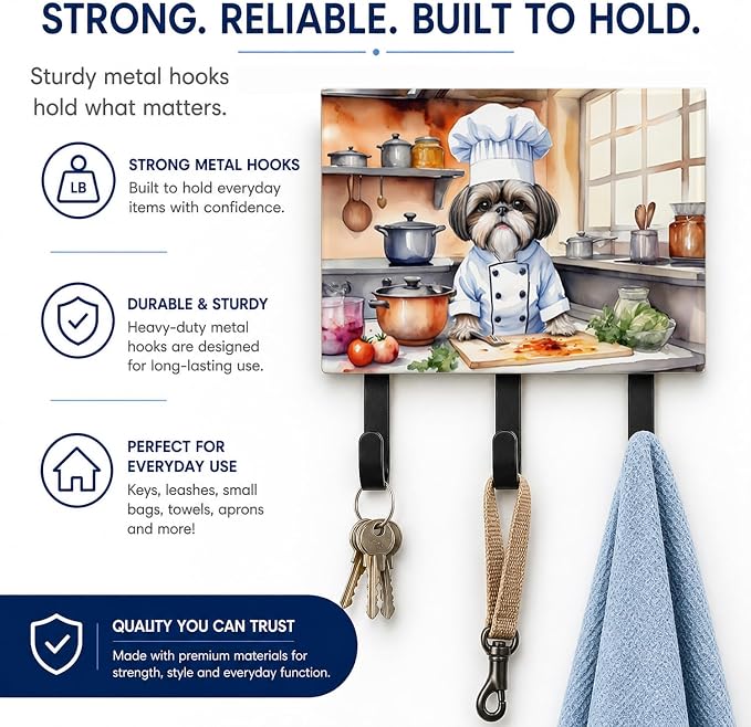 Caroline's Treasures Shih Tzu The Chef Leash or Key Holder Wall Hooks, Key Hooks Holder, Coat Rack Wall Mount, Coat Hooks, Hooks for Hanging Keys, Towels, Aprons, Leashes | Shih Tzu The Chef artwork on ceramic tile with three steel hooks for keys, leas...