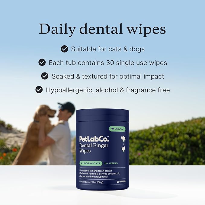 PetLab Co. Dental Finger Wipes - Easy to Use Dog & Cat Teeth Cleaner - Freshens Breath & Provides A Thorough Clean – Supports Overall Oral Hygiene – Alcohol & Fragrance Free - Packaging May Vary