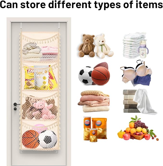 Over The Door Stuffed Animal Storage, Cotton Toy Organizer for Storage Plush Toys,Baby Supplies, Stuffed Animal Holder with 4 Large Pockets, Hanging Door Organizer for Nursery, Bedroom (Tassel)