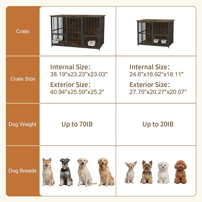 Hadulcet 41'' Foldable Dog Crate Furniture, Large Dog Kennel with 2 Bowls | Wooden Crate Table with Storage Top, Furniture Style Indoor Kennel for Small to Large Dogs with Rotating Food Door, Brown