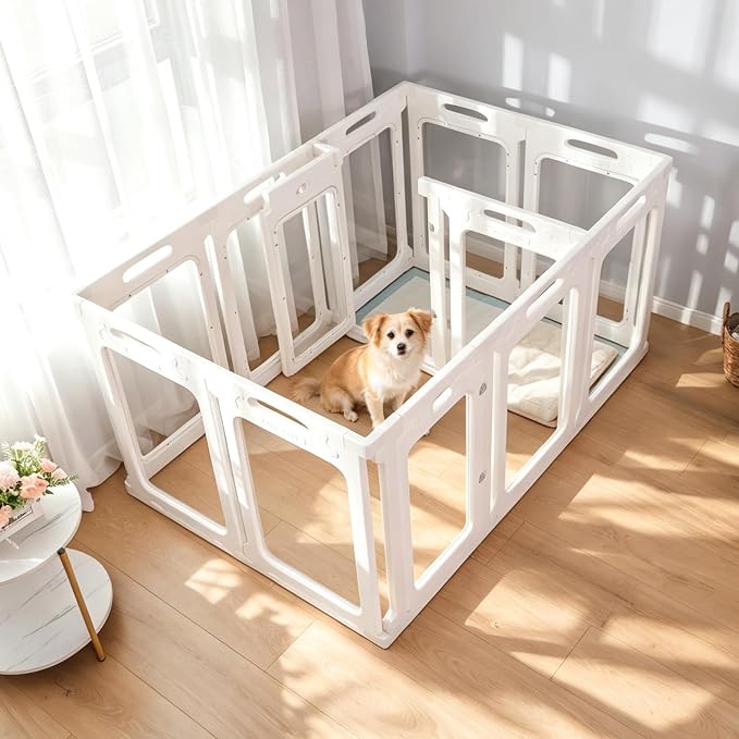 Clear Acrylic Indoor Dog Playpen, 30" H, 12 Panels, White | Open View, Modern Home Fit, No Climbing Bars, Tool-Free Setup, For Puppies & Small Dogs