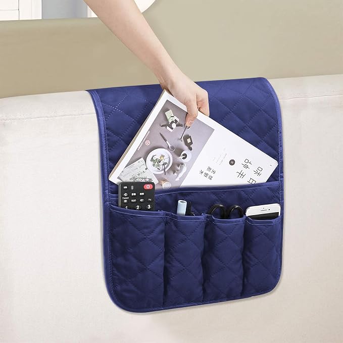 Armchair Caddy for Recliner, Non Slip Sofa Arm Organizer, Deep Blue | 5-Pocket Recliner Armrest Organizer, Couch Side Storage Holder for Remotes, Cell Phone, Magazines & Tablets, Machine Washable