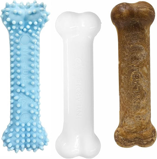 Nylabone New Puppy Starter Kit, Chew Toys & Natural Chew Treat for Puppies, Puppy Enrichment Teething Toys, Blue, Long Lasting Chicken & Bacon Flavor, Small Dogs - Up to 25 Ibs, 3 Pack