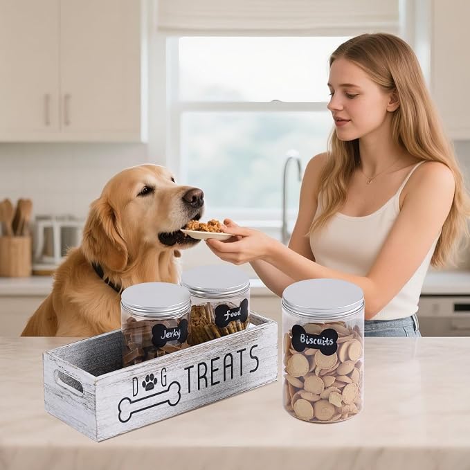 Dog Treat Container Cat Food Organizer Box with 3 Jars Personalized Pet Food Storage Containers Dog Treat Station Cat Treat Storage Farmhouse Decor Gift for Pet