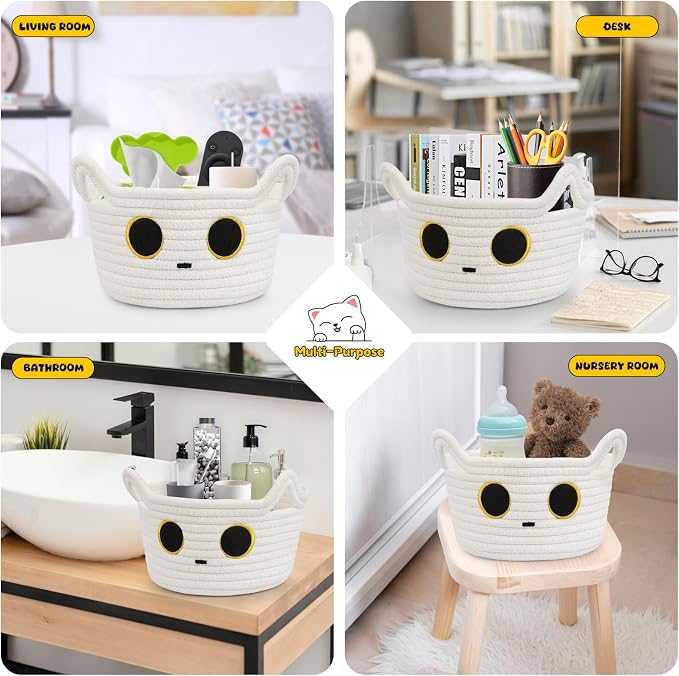 Small Storage Cute White Cat Cotton Rope Woven Basket for Nursery | Blanket Basket Baby Toy Storage Organizer With Ears for Gifts Cat Dog Bin Toys 8.5×4.5 inches
