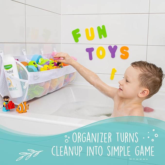 Large Bath Toy Organizer – 3 Compartment Bath Toy Holder for Bathtub & Shower – Quick-Dry Mesh with 4 Strong Adhesive Hooks – Kids Toys Storage Net for Bathroom, shower & Tub