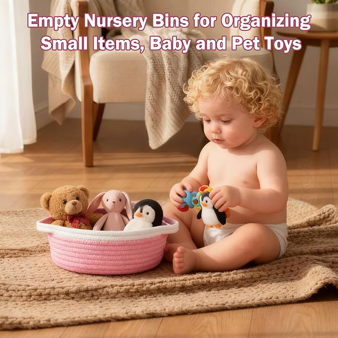 Basket for Gifts Empty, Small Woven Basket with Bags and Ribbons, Baby Toy Baskets with Handles, Wicker Storage Bin for Baby Showers or Pet Toy (Pink, 1 Pack (12"x 8"x 3.74"))