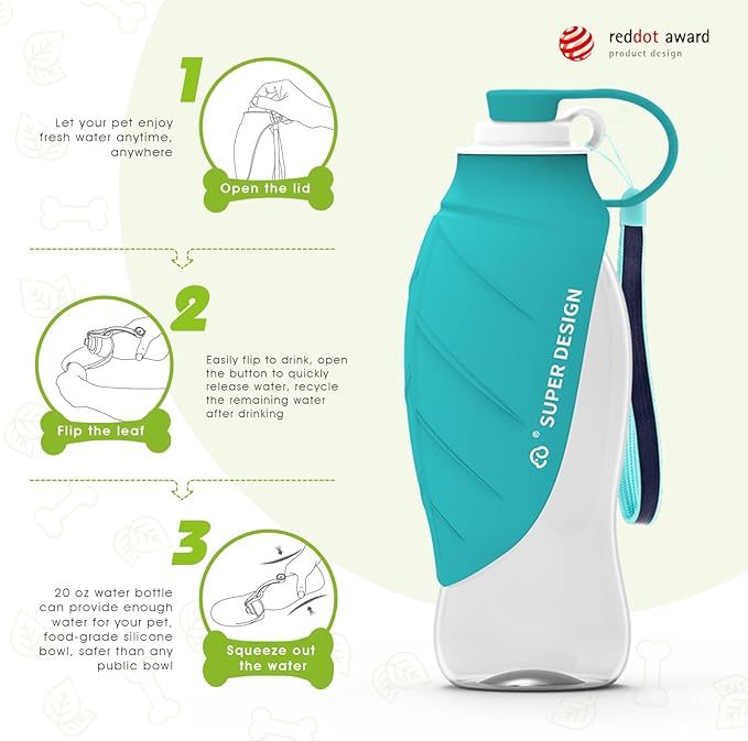 SUPERDESIGN Dog Water Bottle, Portable Dog Water Bottle for Small to Large Dogs, Leak Proof Dog Travel Water Bottle, Large Leaf Travel Water Bowl for Dogs and Dog Walking Accessories (19.6OZ, Blue)