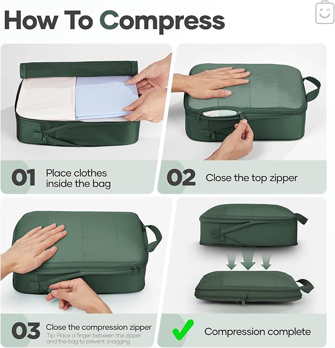Veken 9/11 Set Compression Packing Cubes Garment Bags for Travel Essentials,Compressible Expandable Luggage Organizer Bags for Clothing,Space Saver Bags with Over 1000 pcs of Mesh Holes(Dark Green)